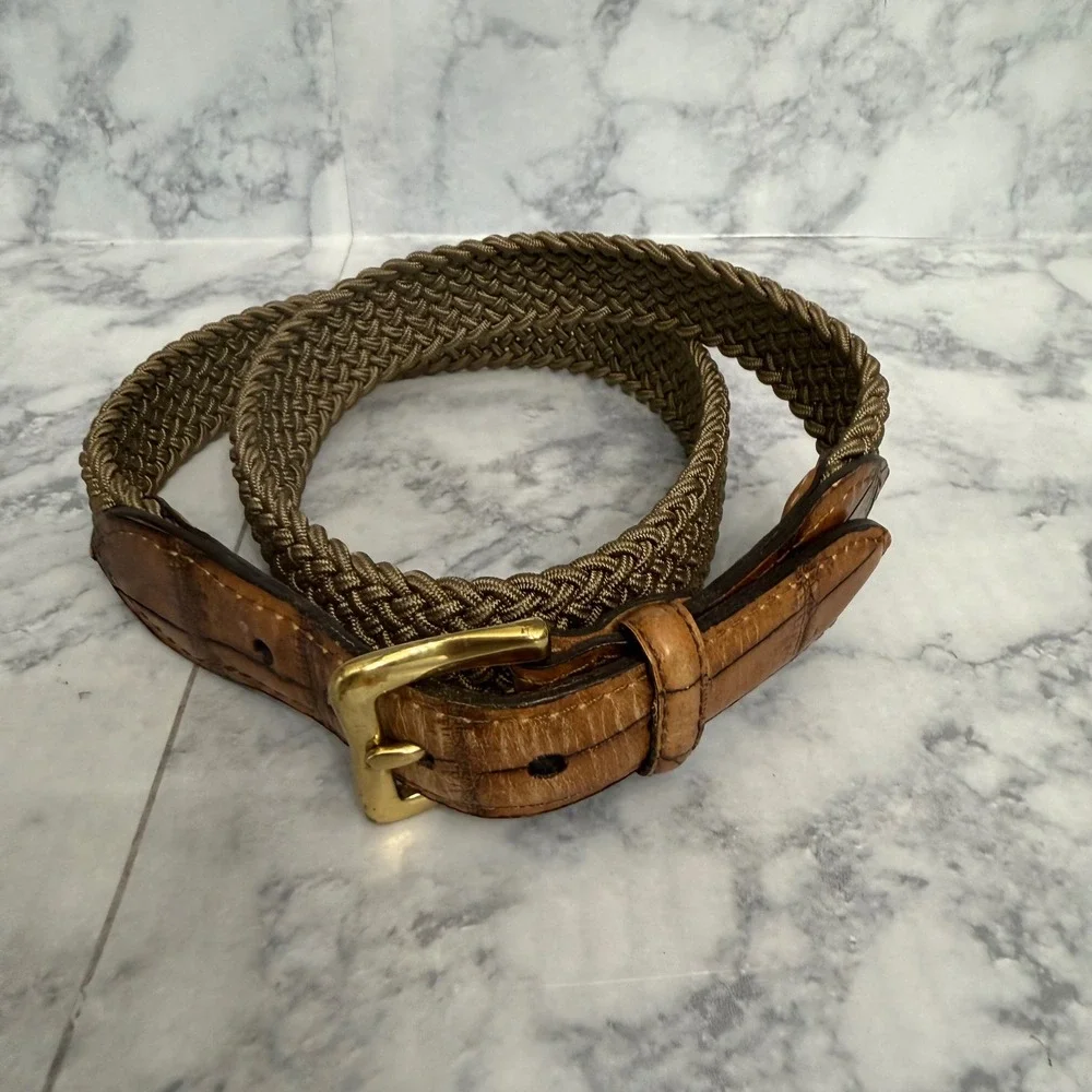 NM Neiman Marcus Braided Belt 34 Olive Green Leather Alligator Emboss 227 USA
